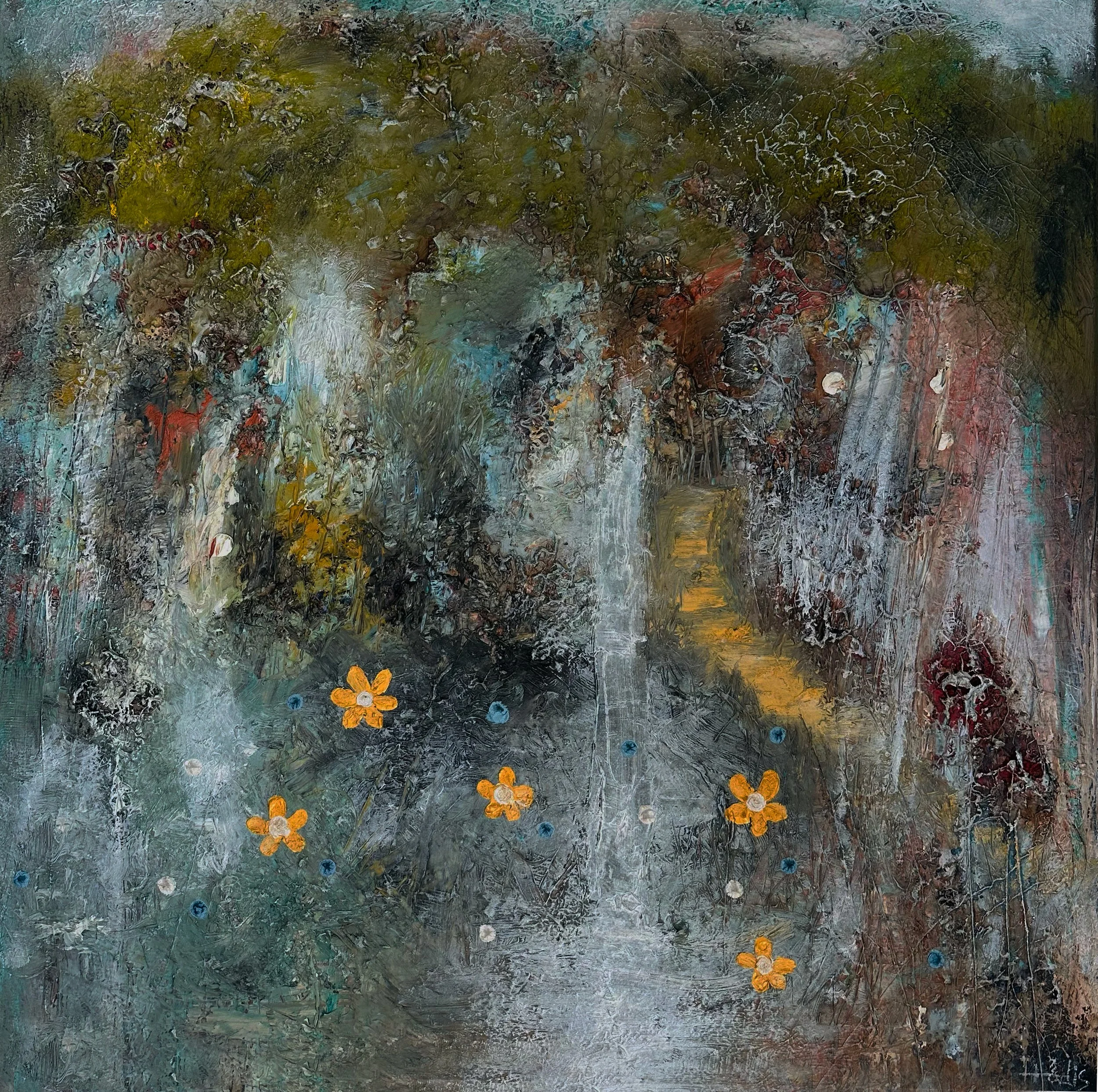 After the Silence, 2025 — mixed media by Hadis Bahrami, 36 × 36 in, from the series Living Against the Void.